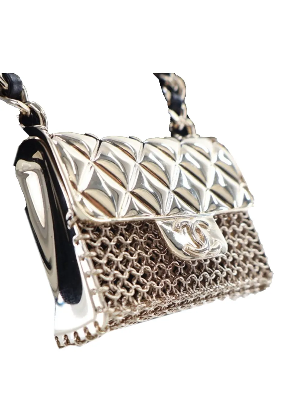 Pre-owned Chanel 2021 Leather And Gold Plated Classic Flap Bag Pendant Costume Necklace In 金色