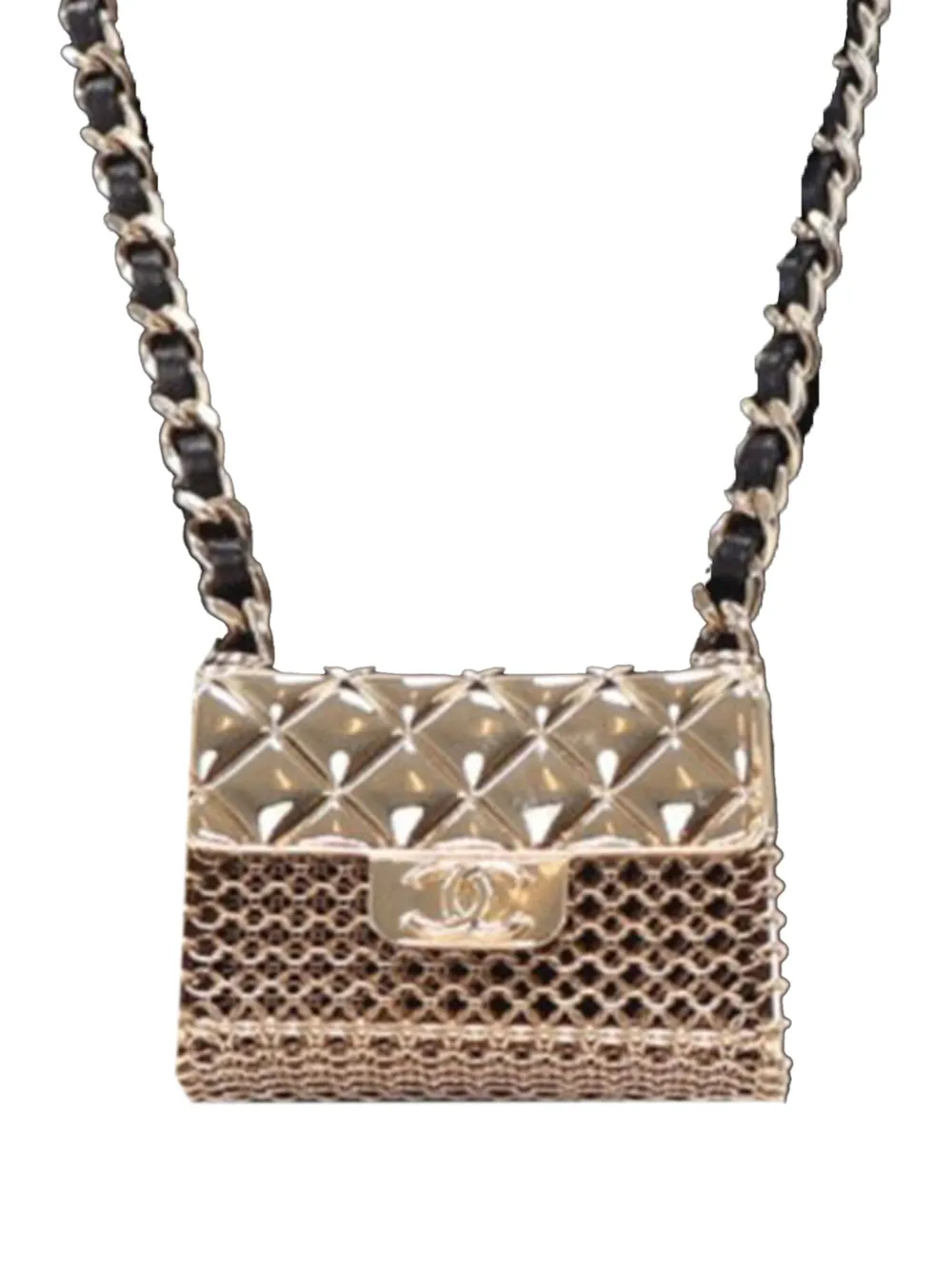 Pre-owned Chanel 2021 Leather And Gold Plated Classic Flap Bag Pendant Costume Necklace In 金色