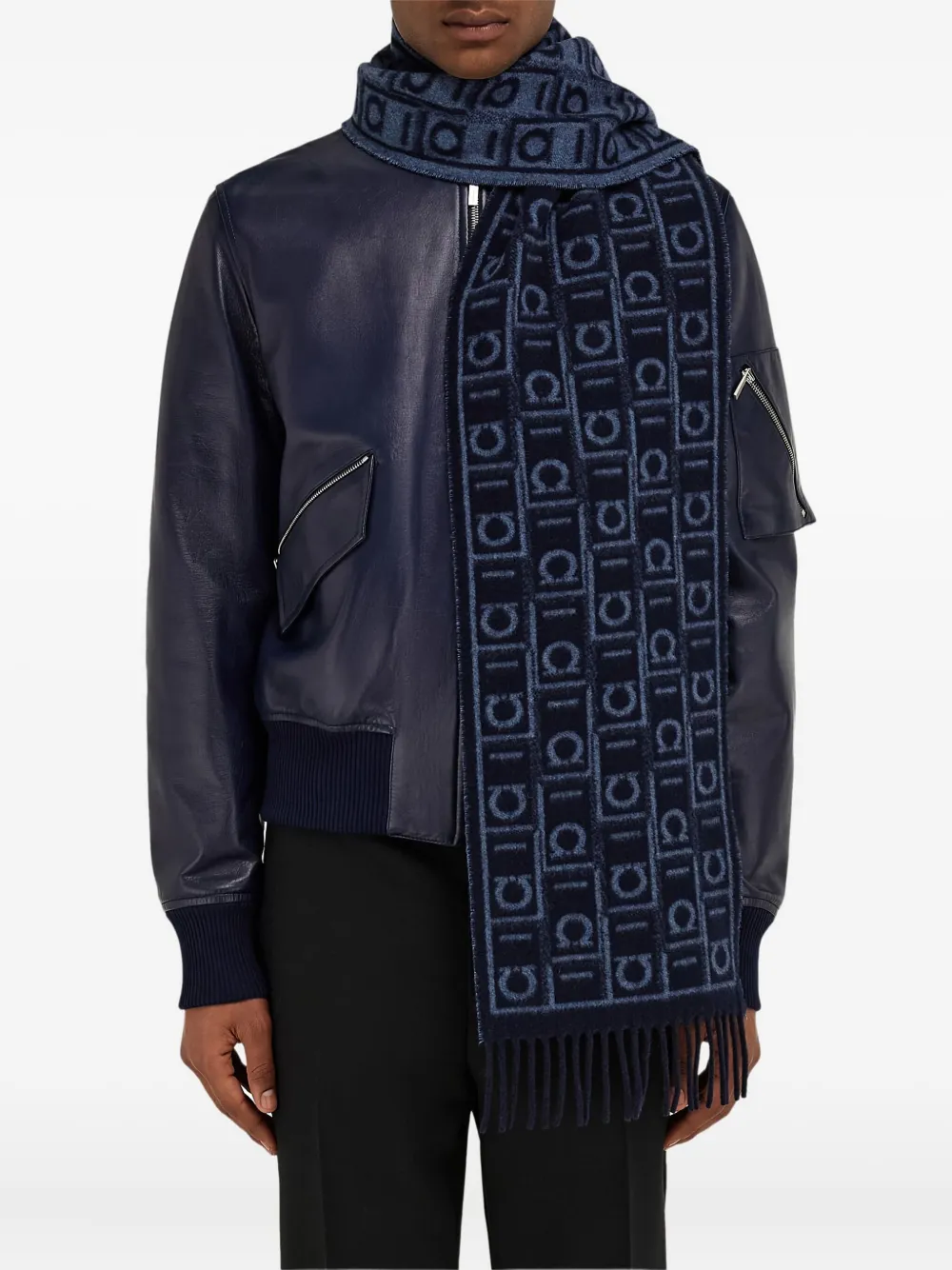 Ferragamo Monogram Fringed Scarf In Blue