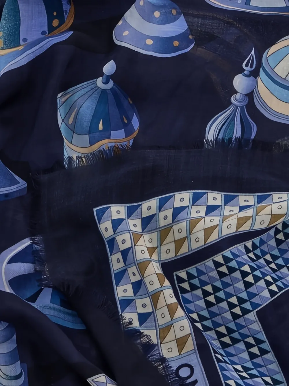 Ferragamo Geometrical Renaissance Print Cashmere Shawl In Blue