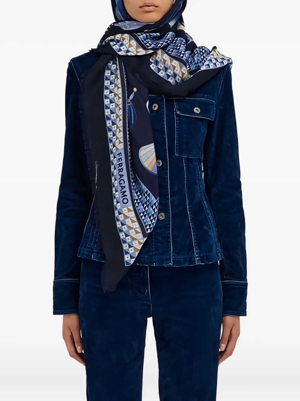 Ferragamo Geometrical Renaissance Print Cashmere Shawl In Blue