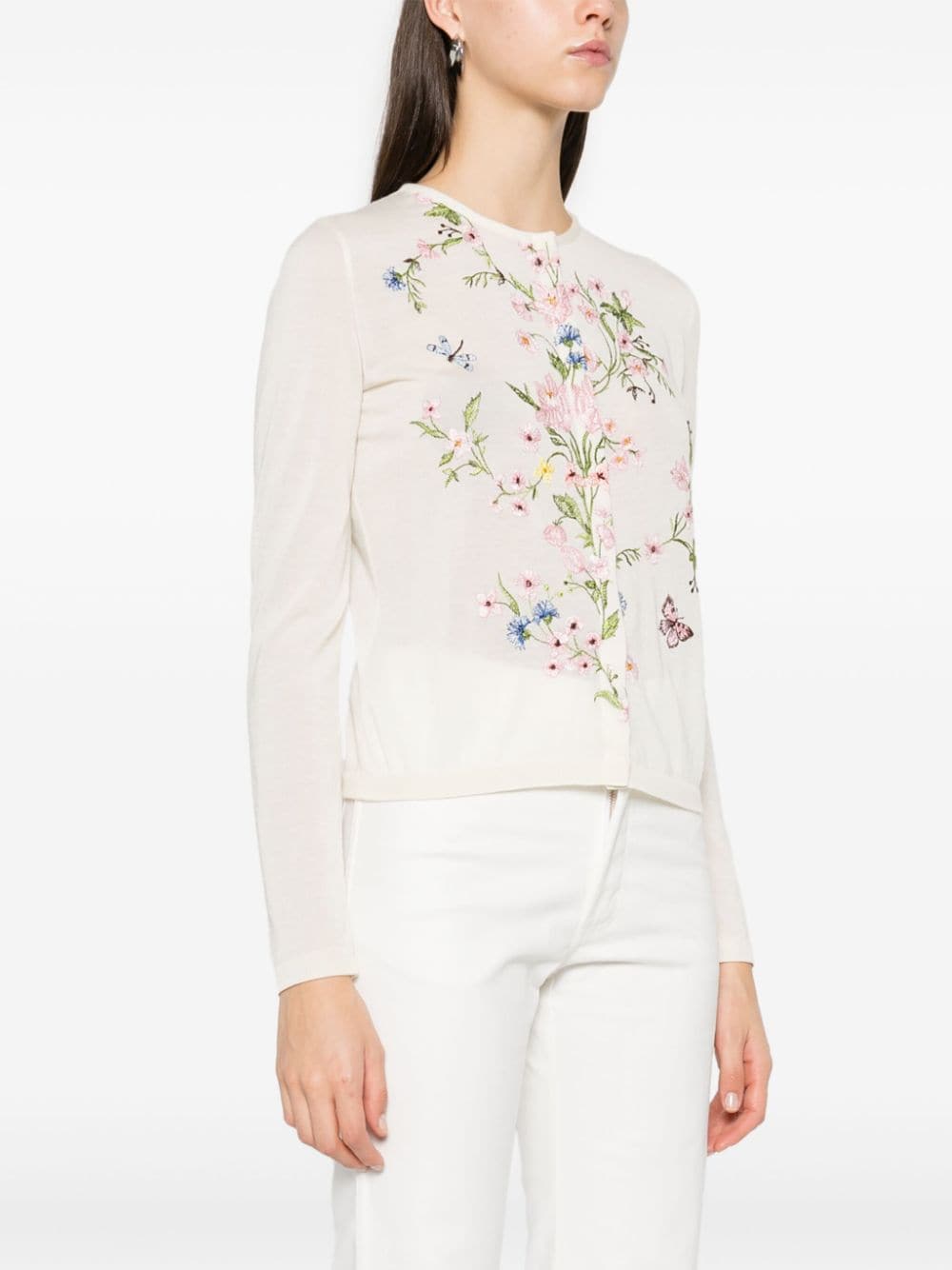 Shop Giambattista Valli Floral-embroidered Cardigan In Neutrals