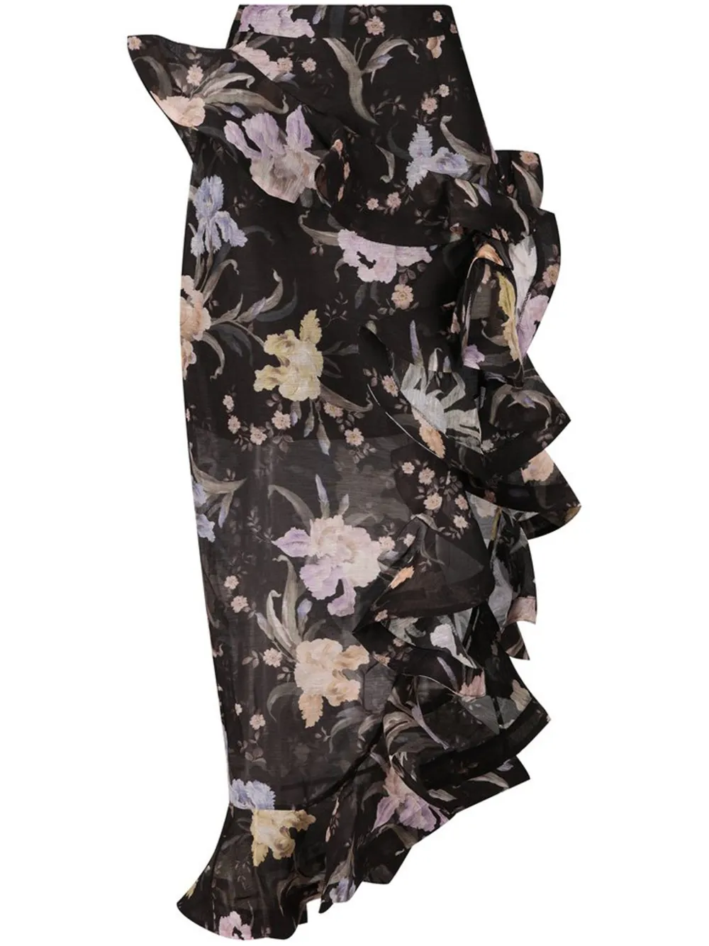Zimmermann Eden Waterfall Asymmetric Ruffled Floral-print Linen And Silk-blend Midi Skirt In Black
