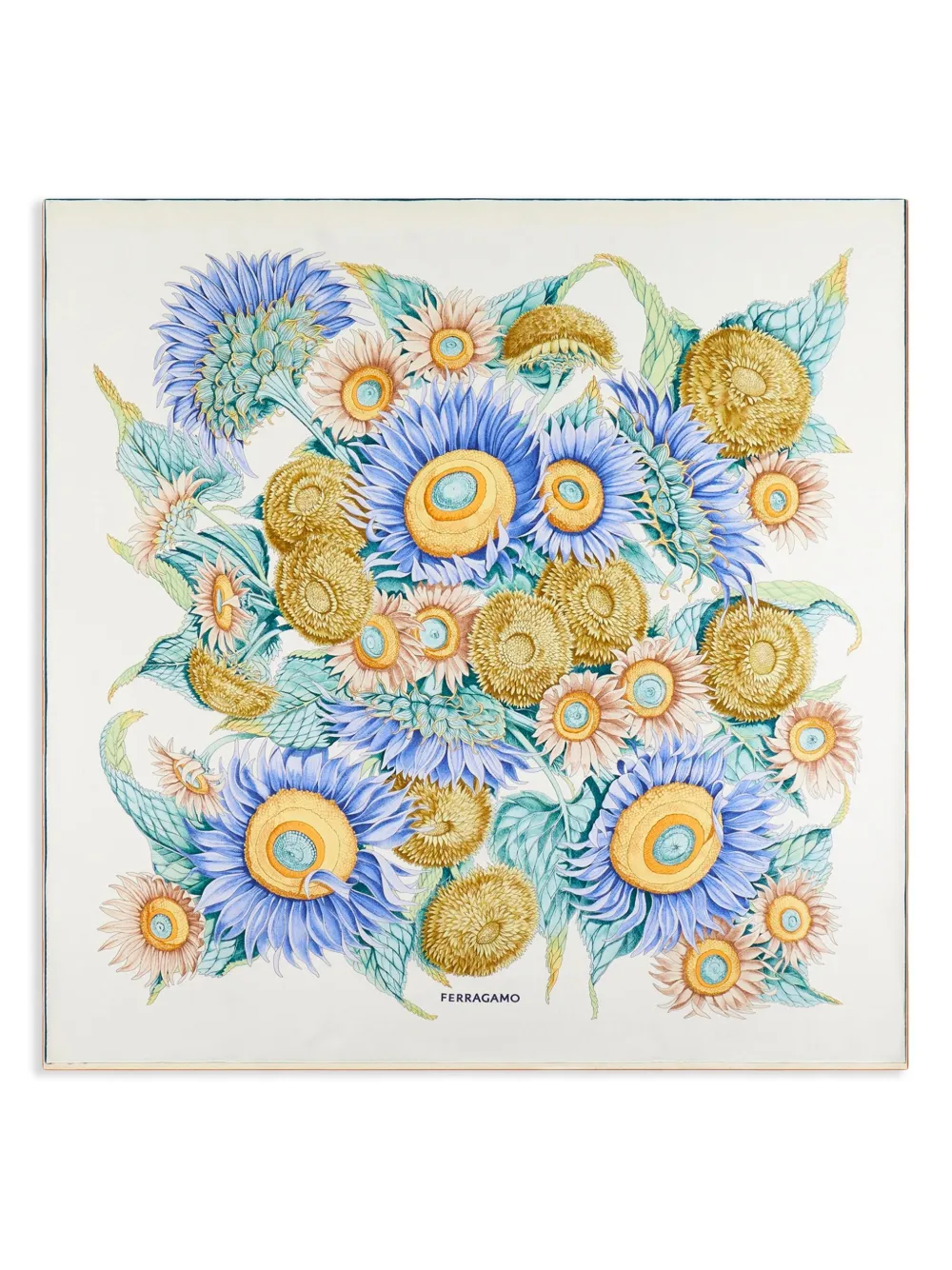 Ferragamo Sunflower Print Silk Scarf In Blue