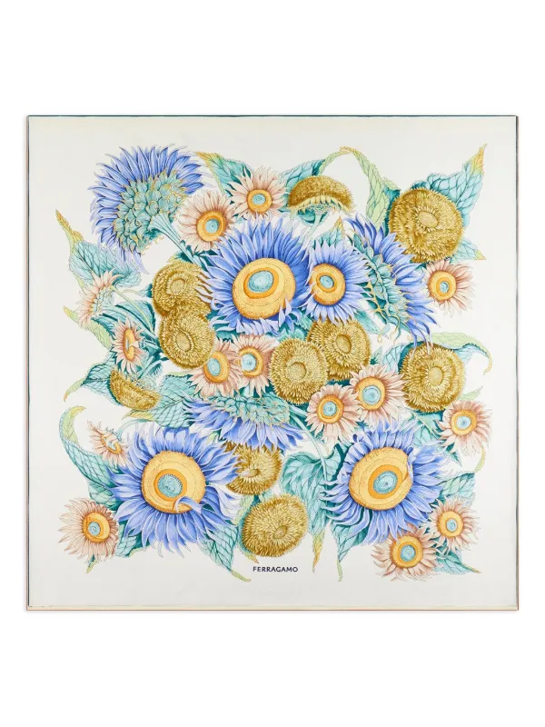 ▼Salvatore Ferragamo 花　ひまわり　スカーフ　シルク Ferragamo Sunflower プリント シルクスカーフ | ホワイト