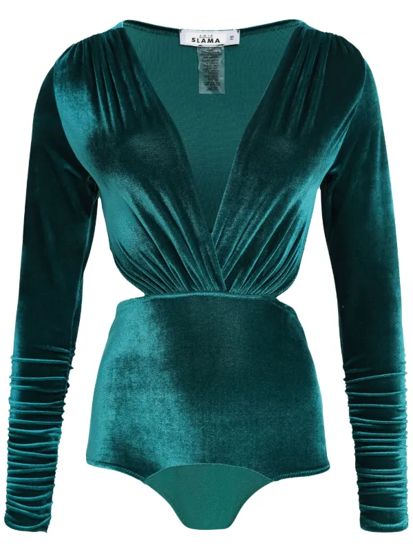 Amir Slama V neck Velvet Bodysuit Green FARFETCH CA