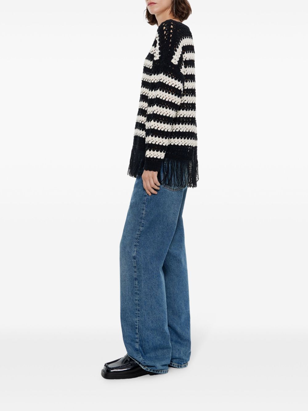 Shop Bimba Y Lola Striped Fringed Open-knit Jumper In Black