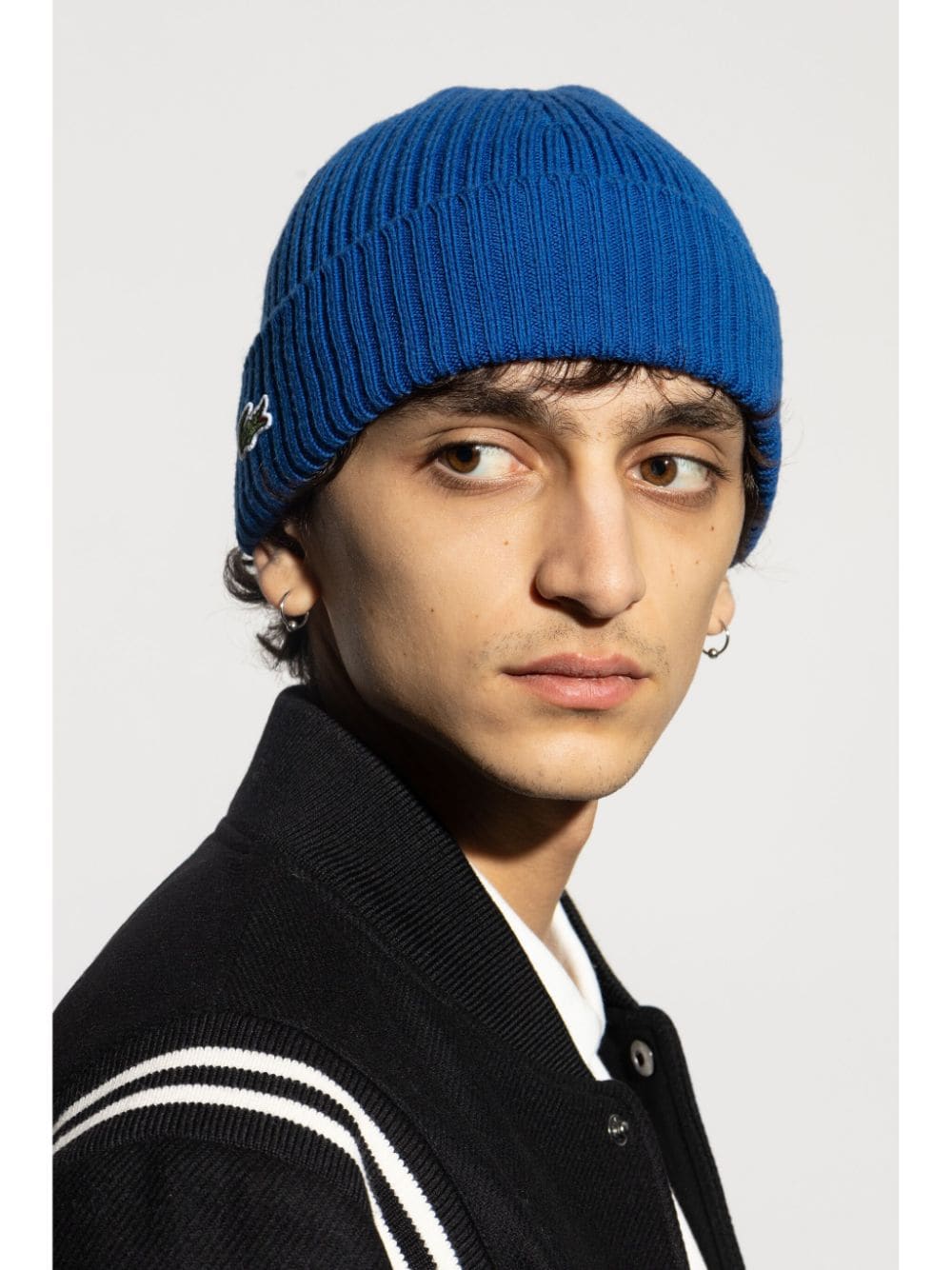 Shop Lacoste Ribbed Wool Beanie In Blue