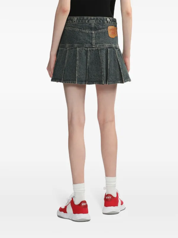 ★ANDERSSON BELL★ EMBROIDERY PLEATED DENIM SKIRT Andersson Bell Navy Embroidery Panel Pleated Denim Miniskirt