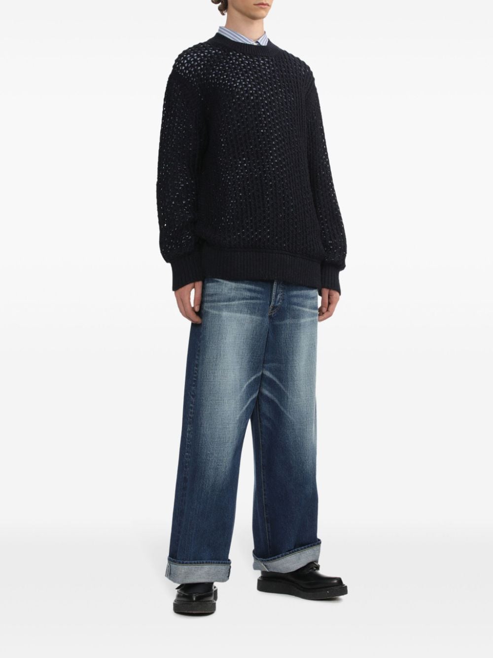 Shop Junya Watanabe Open Knit Crew Neck Sweatshirt In Blau