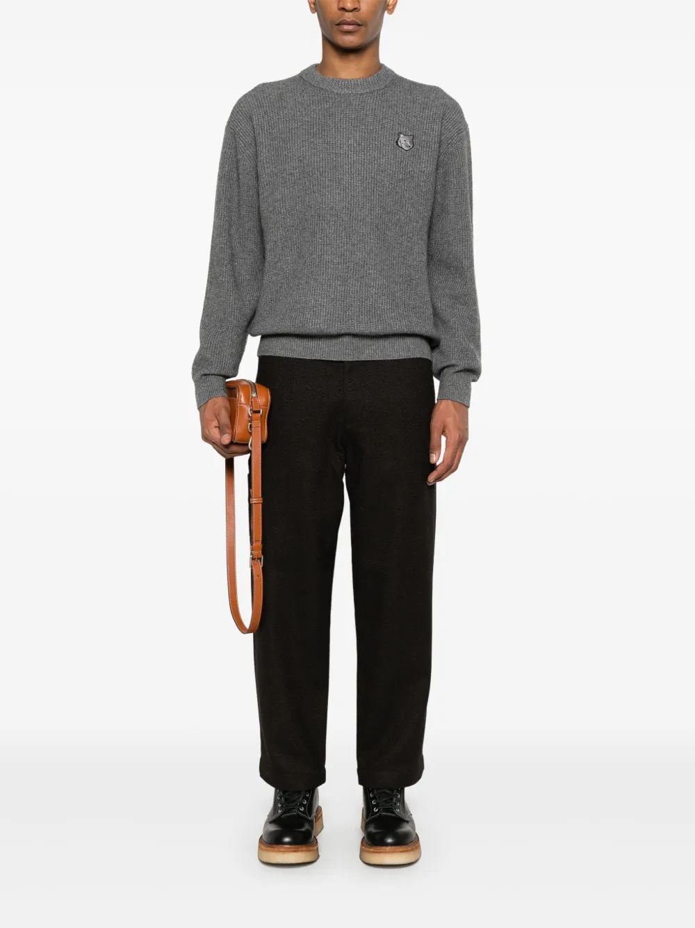 maisonkitsuné Maison Kitsuné Geribbelde sweater met vossenkop patch - Grijs