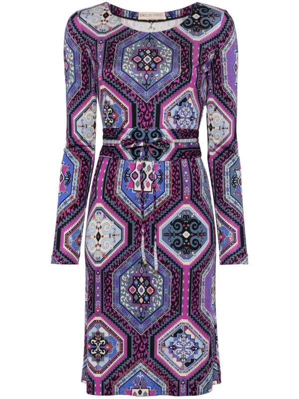 pucci midi dresses Pucci - Marmo Print V neck Dress with Asymmetrical Hem - Size: 44 - Turquoise