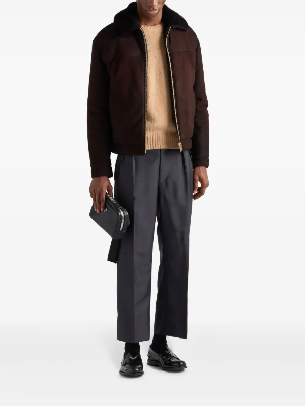 Prada triangle-logo Leather Bomber Jacket | Brown | FARFETCH