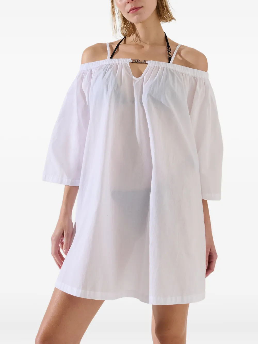 Karl Lagerfeld Signature off-shoulder doorzichtige strandjurk Wit