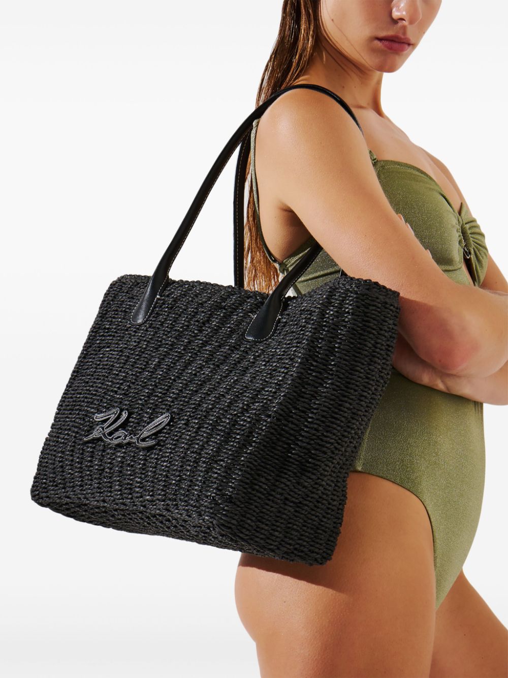 Karl Lagerfeld Signature raffia shopper - Zwart