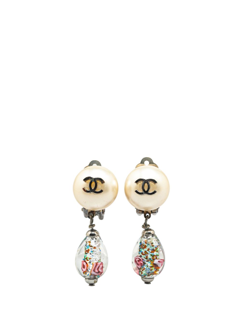 CHANEL Pre-Owned 1980-1990 Faux Pearl CC Drop Clip On costume earrings - Silver