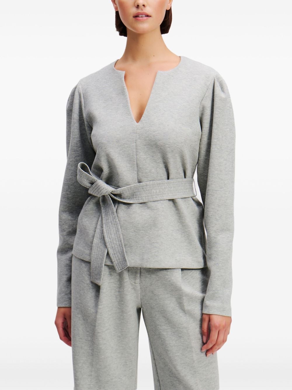 Shop Karl Lagerfeld V-neck Belted Sweatshirt In Grey