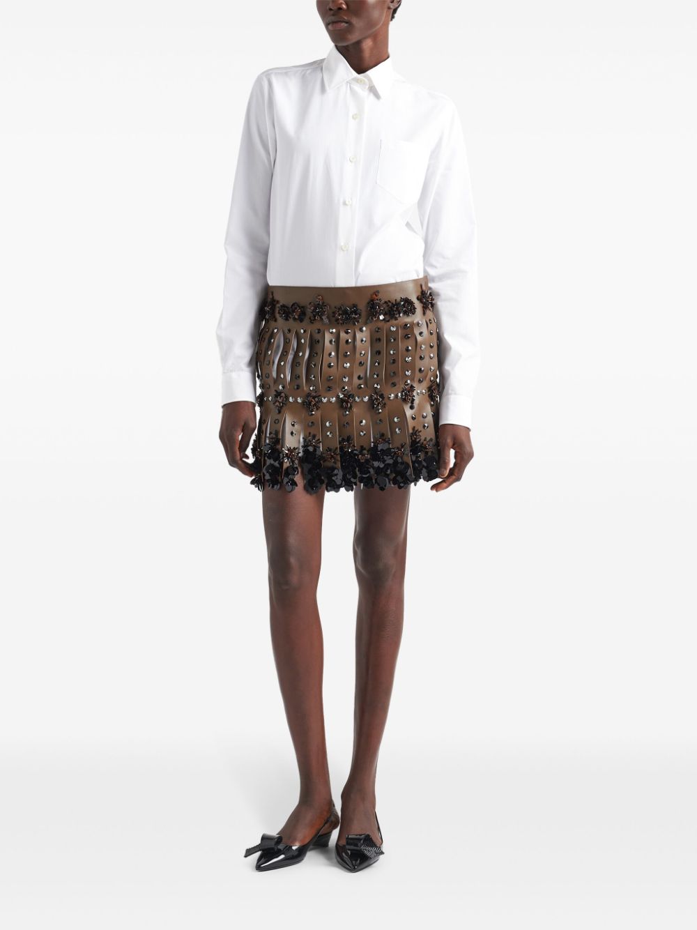 Prada embroidered leather mini skirt - Brown