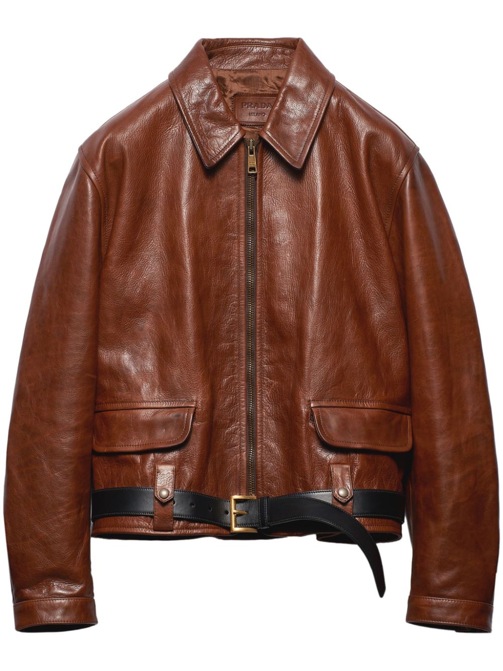 Prada Belted Leather Jacket In Brown