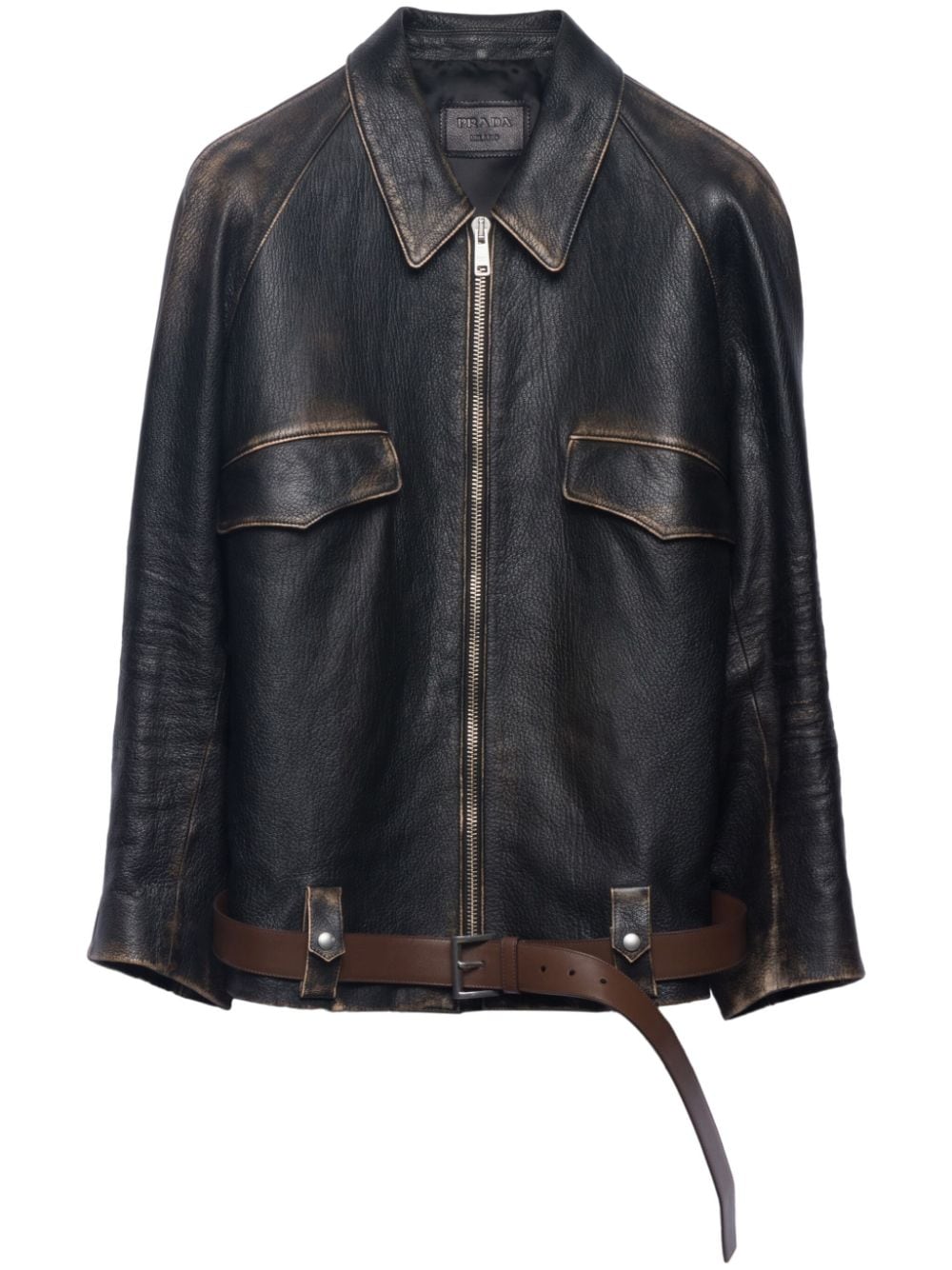 Shop Prada Leather Blouson Jacket In Black