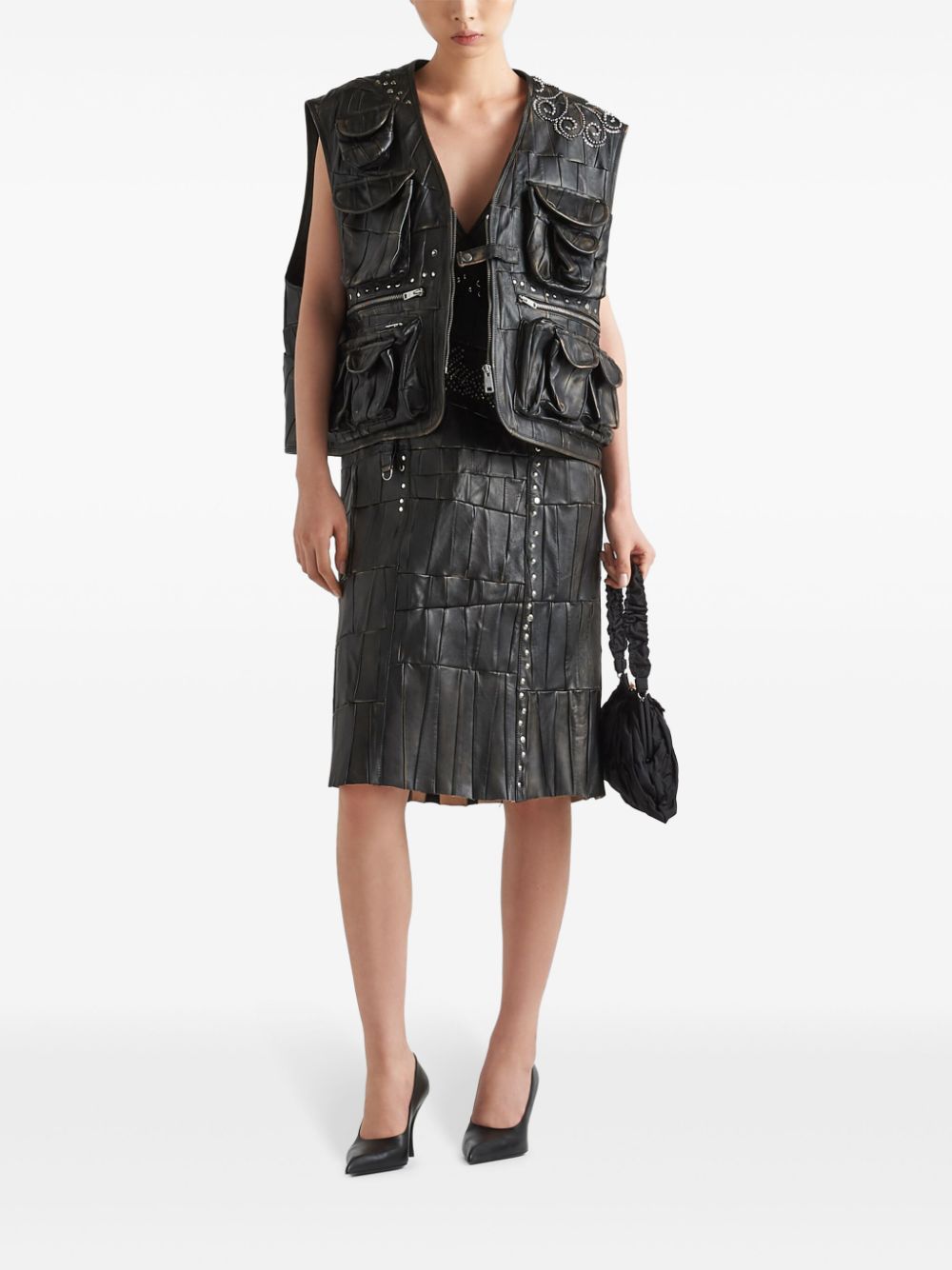 Prada nappa leather patchwork gilet - Zwart