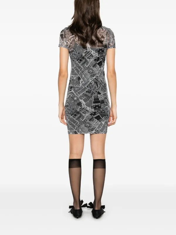 BOSS newspaper-print Mesh Mini Dress | Grey | FARFETCH