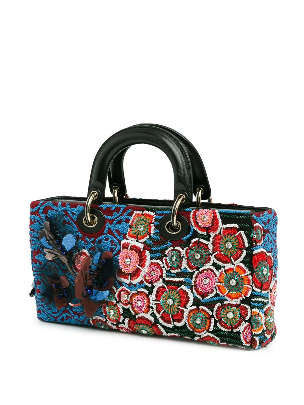 Pre-owned Dior 2016 Medium Beaded Flower Embellished Lady D Joy Satchel In Blue