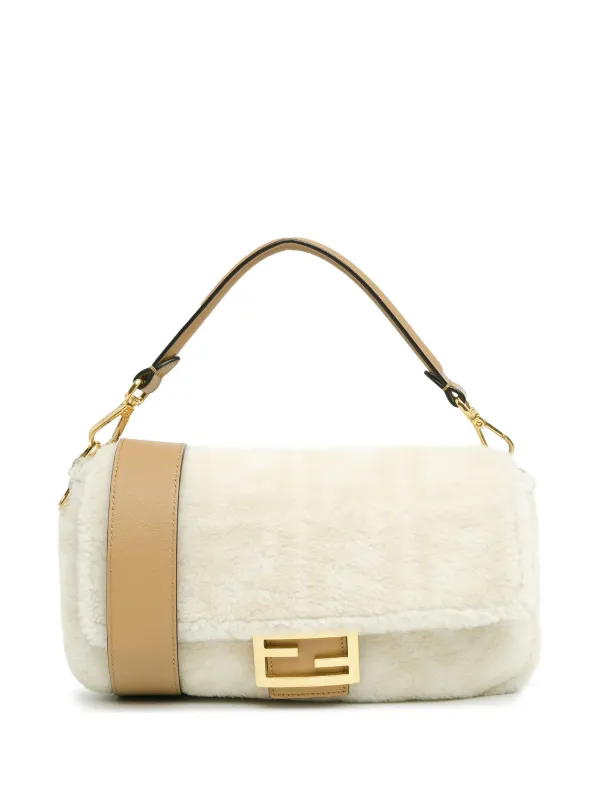 Fendi Pre Owned 2012 2024 Small Zucca Shearling Baguette satchel women Calf Leather Sheep Skin Shearling One Size White