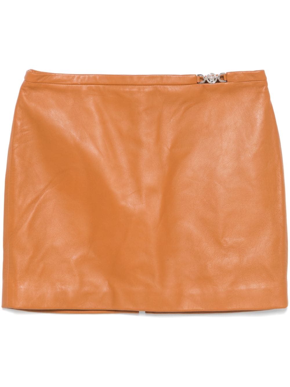 Medusa-embellished leather mini skirt