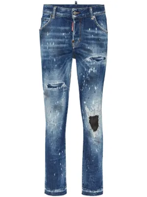 【美品】DSQUARED2 デニム スキニー ダメージ ロゴ ペイント 38 DSQUARED2 ペイント ダメージ ジーンズ | ブルー | FARFETCH JP