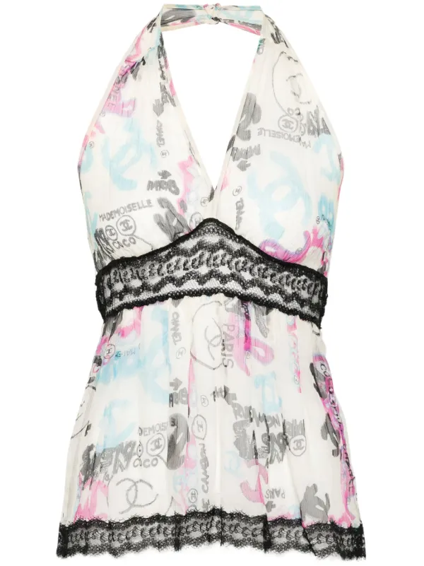 CHANEL Pre-Owned Chanel Graffiti Line Silk Top | White | FARFETCH