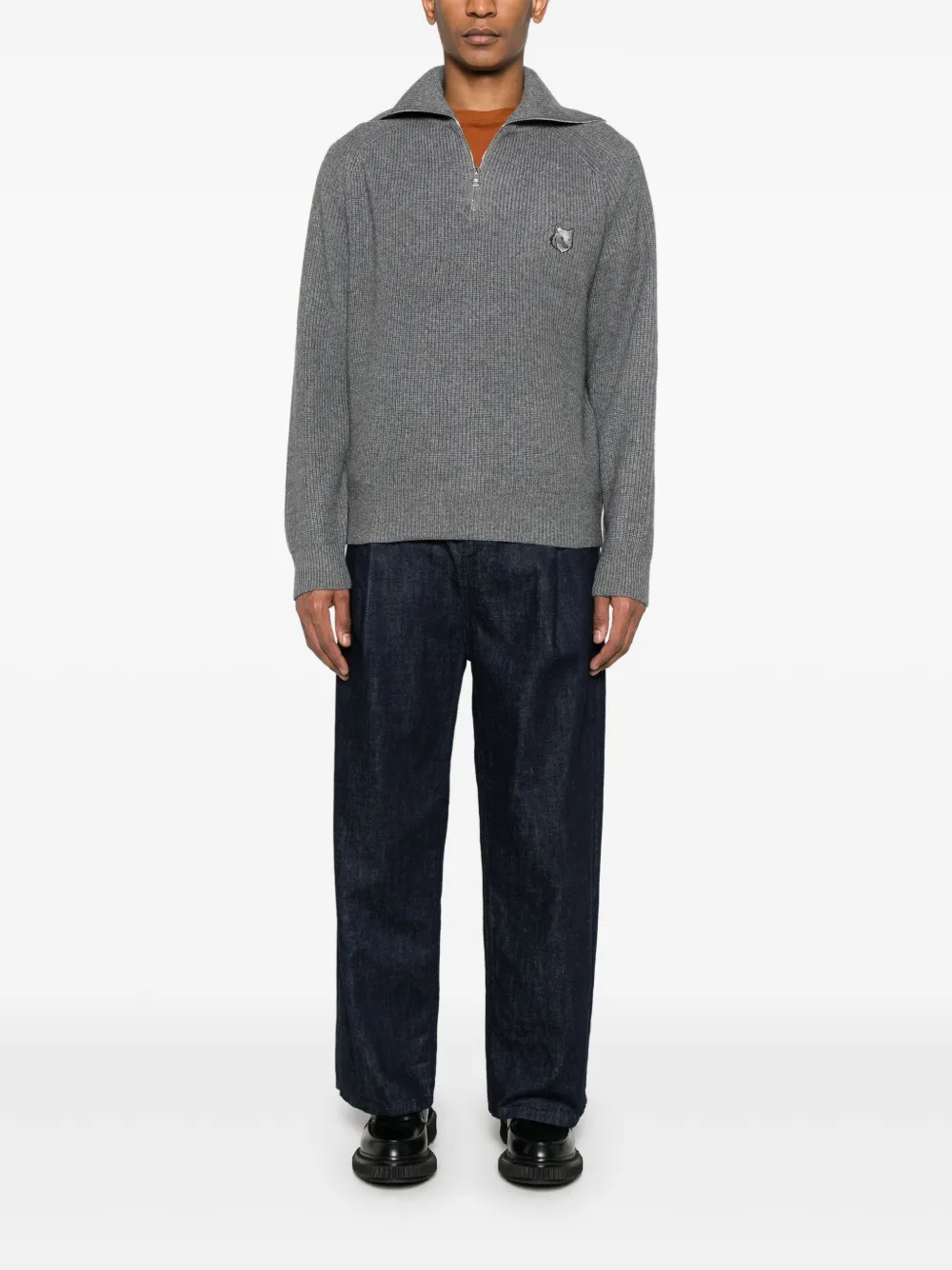 maisonkitsuné Maison Kitsuné Geribbelde sweater met vossenkop patch - Grijs