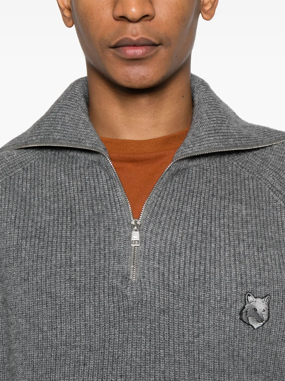 Shop Maison Kitsuné Bold Fox Head-patch Ribbed Sweater In Grey
