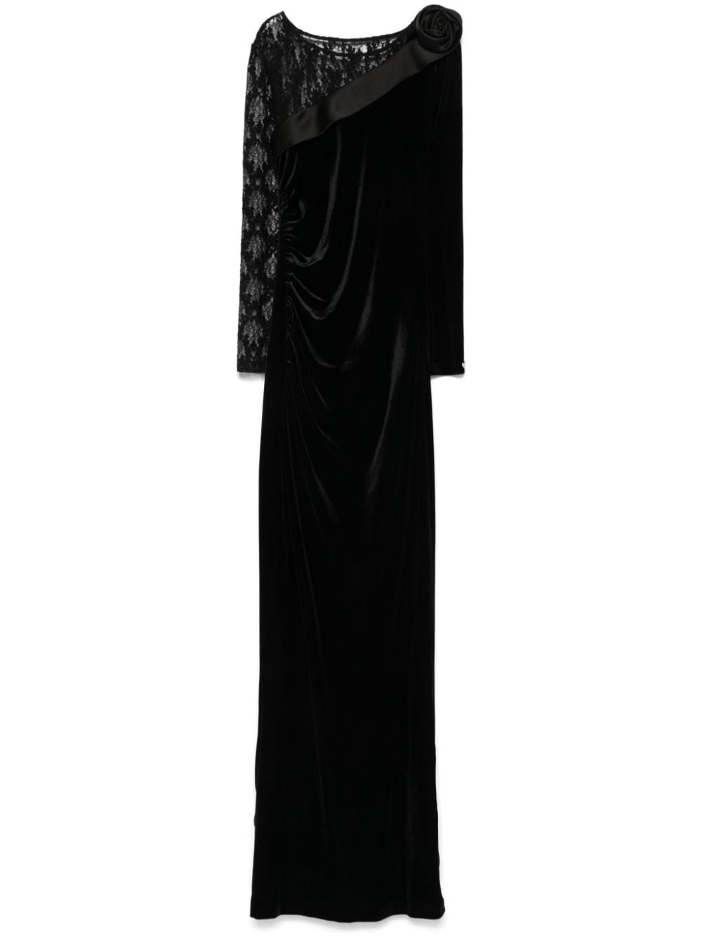 Shop Nissa Lace-insert Velvet Maxi Dress In Black