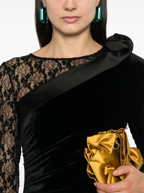 Nissa Lace-Insert Velvet Maxi Dress - Black