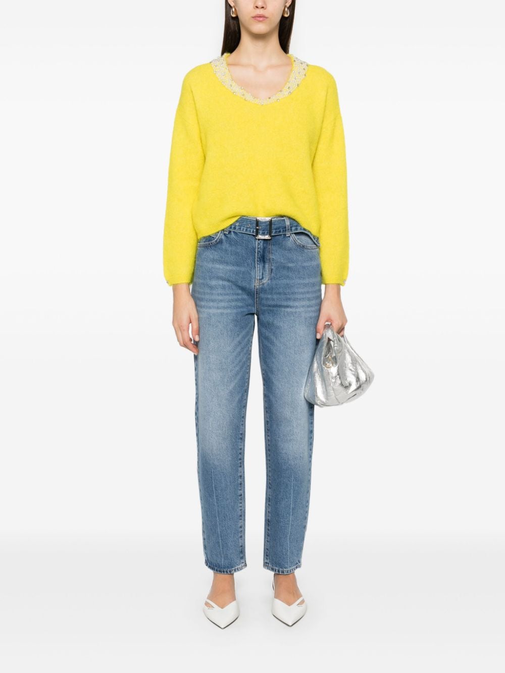 Shop Liu •jo Pearl-embroidered Jumper In Yellow