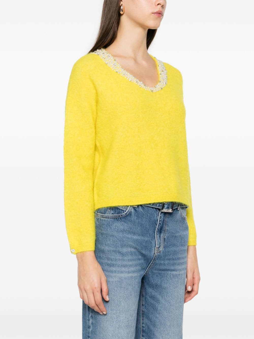 Shop Liu •jo Pearl-embroidered Jumper In Yellow