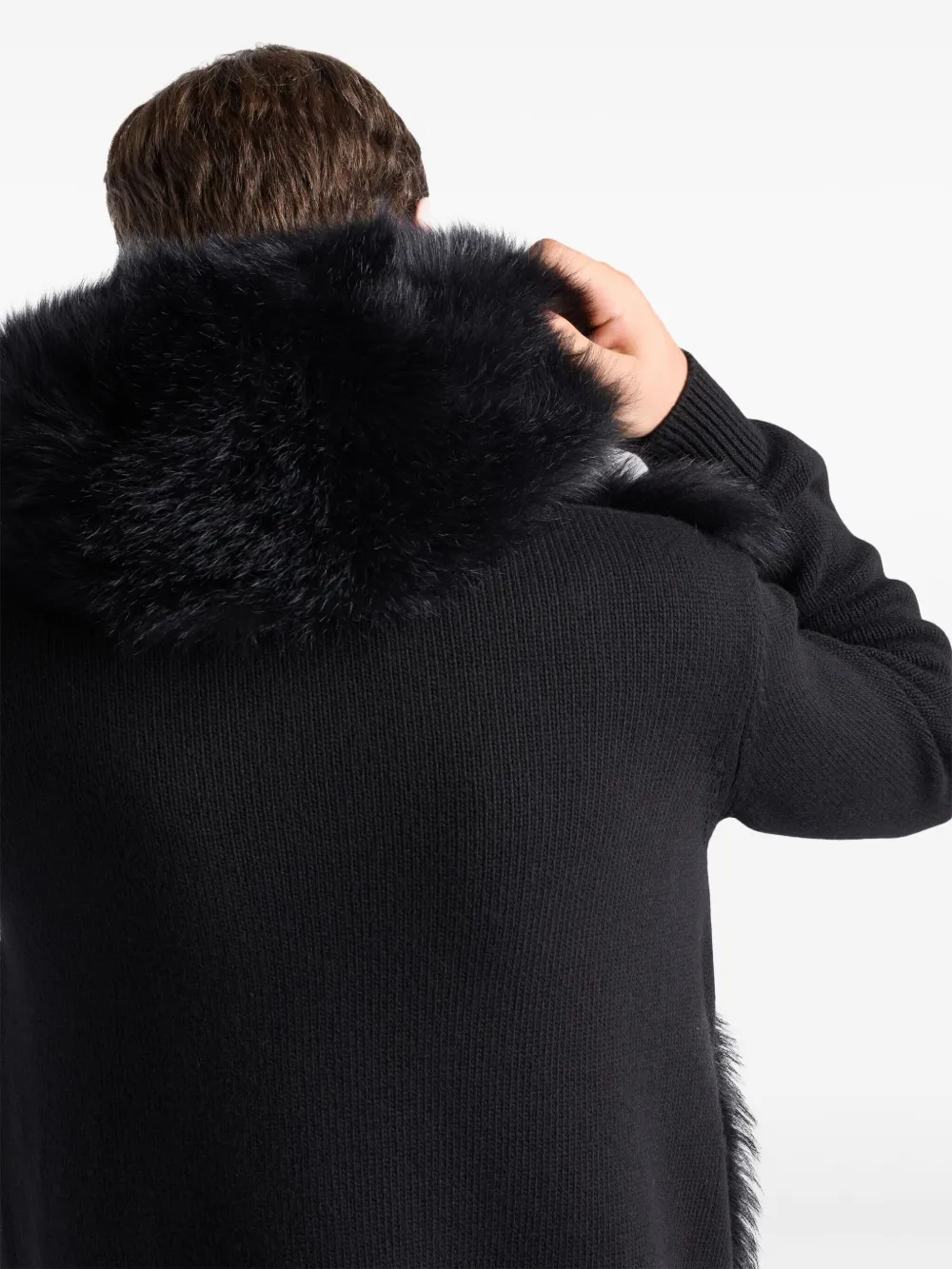 Shop Prada Faux-fur Hooded Cardigan In ブラック