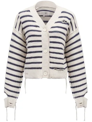 MM6 Maison Margiela Striped Cotton Knit Cardigan | White | FARFETCH