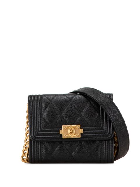 CHANEL 2021 Quilted Caviar Boy Card Holder with Chain crossbody bag Women