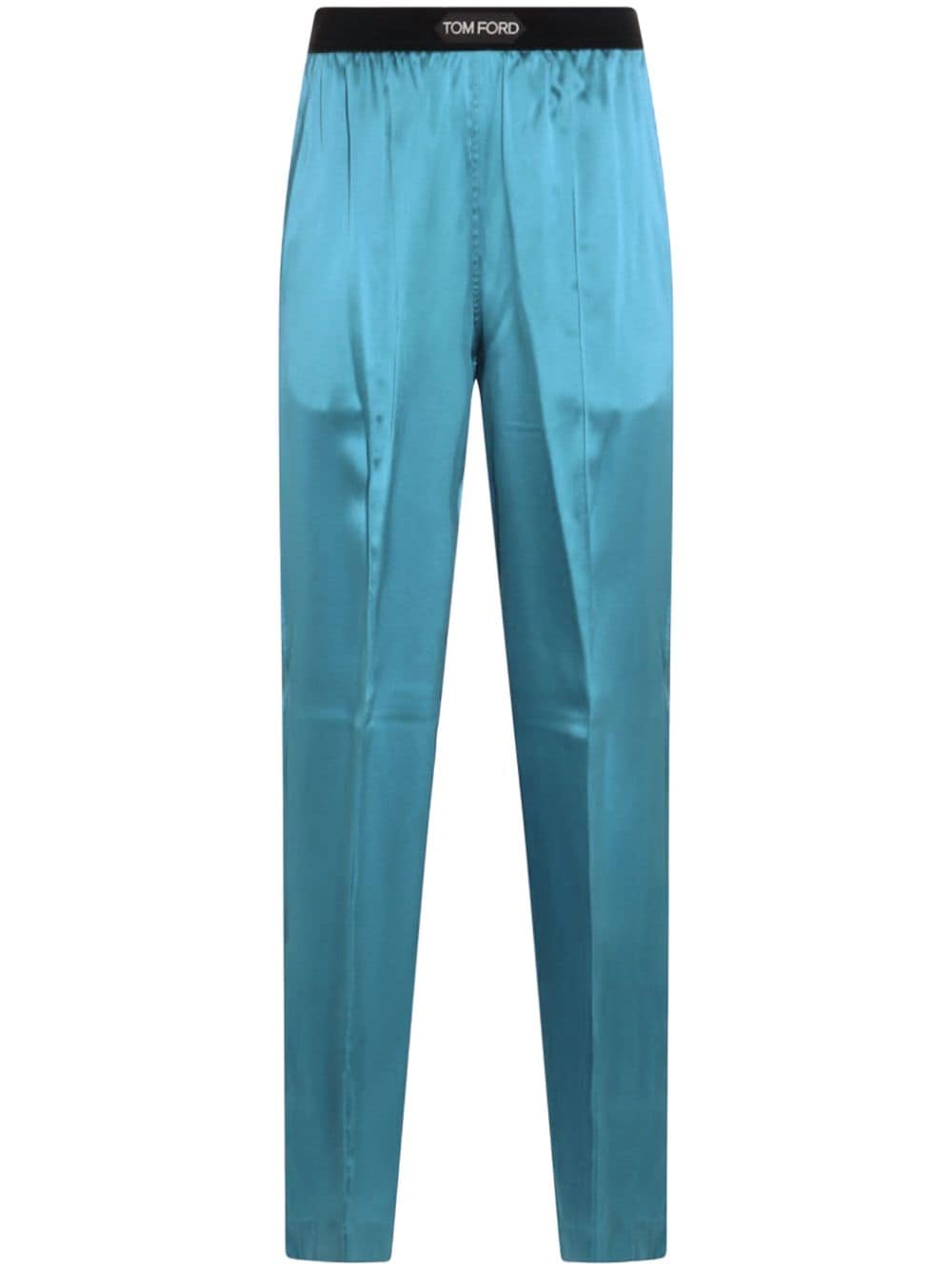 satin-finish straight-leg trousers