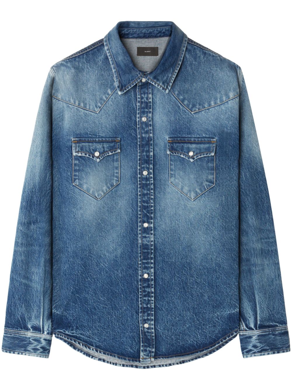 medium-washed denim shirt