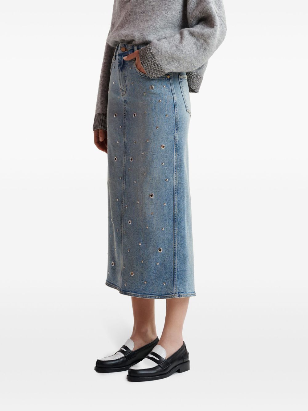 Shop Essentiel Antwerp Geyelet Denim Midi Skirt In Blue