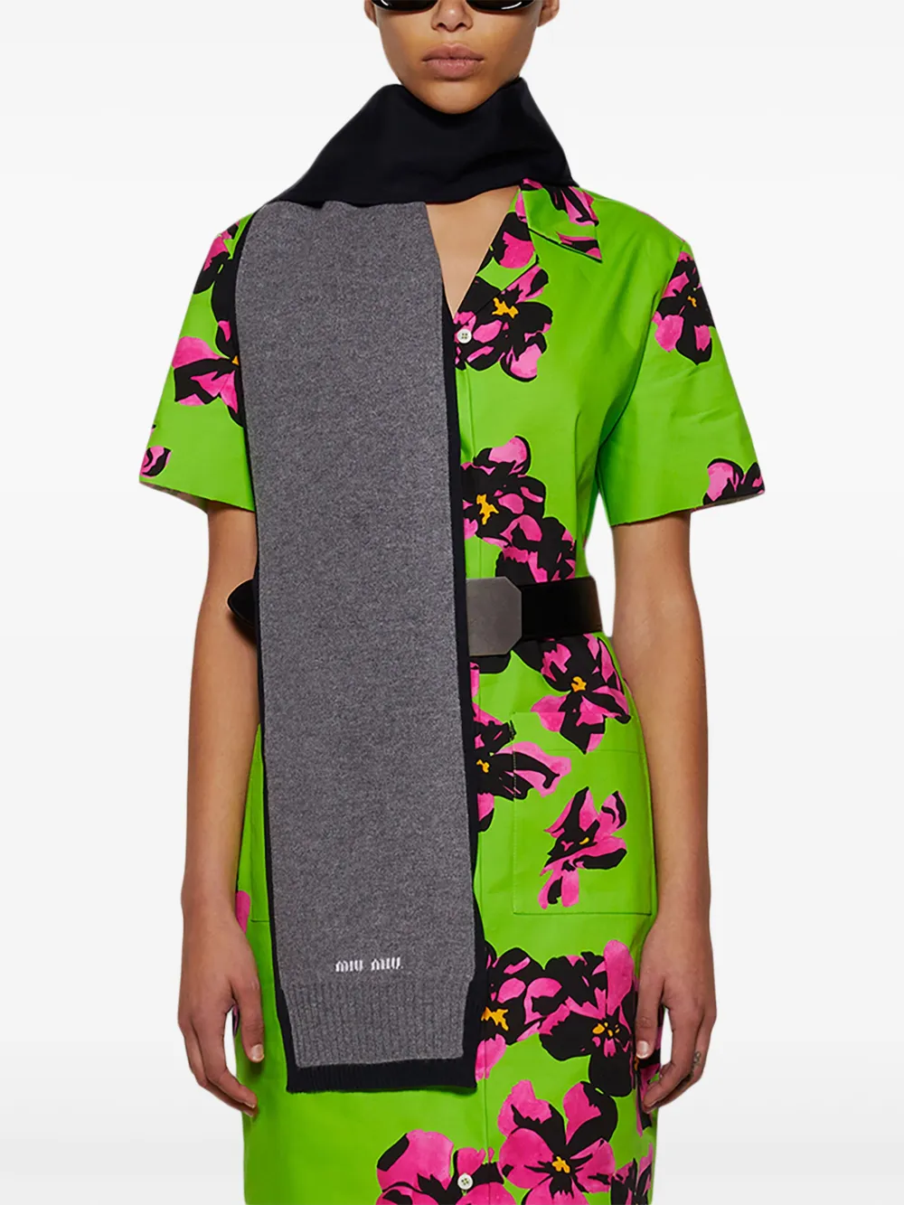 Miu Miu Logo Intarsia-knit Scarf In Gray