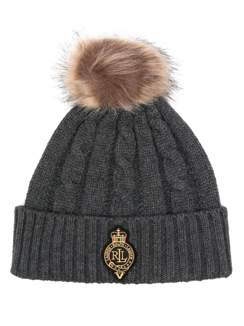 crest-patch cable-knit beanie