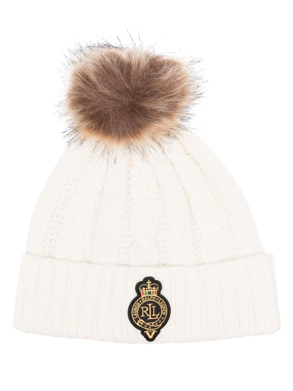 crest-patch cable-knit beanie