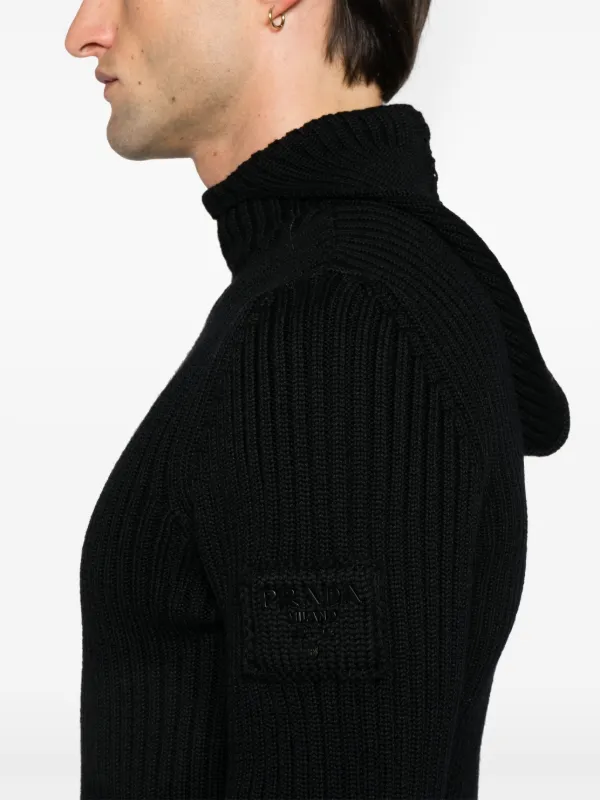 Prada ribbed-knit Hoodie | Black | FARFETCH