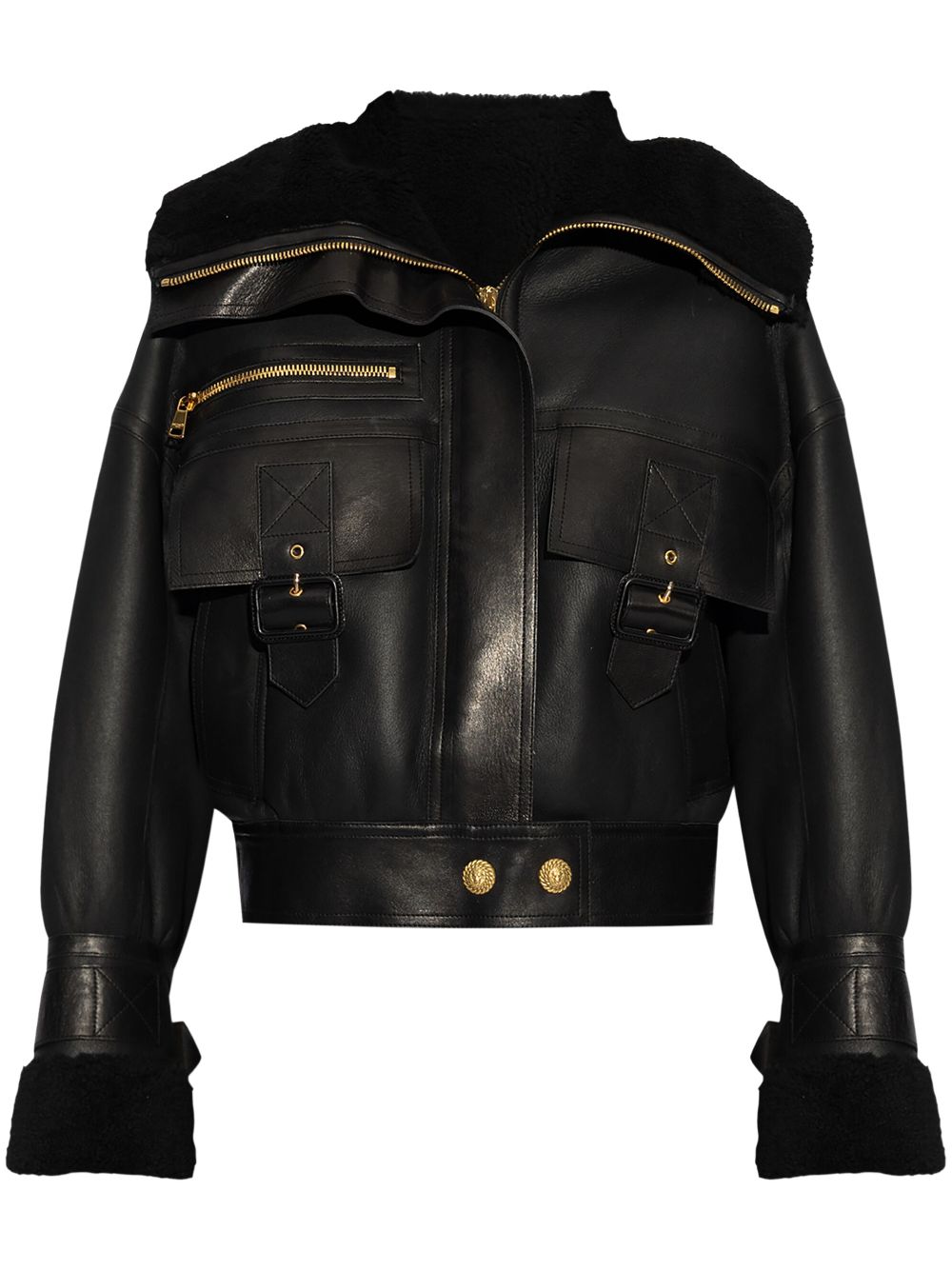 Shop Balmain Shearling-lining Leather Jacket In 黑色