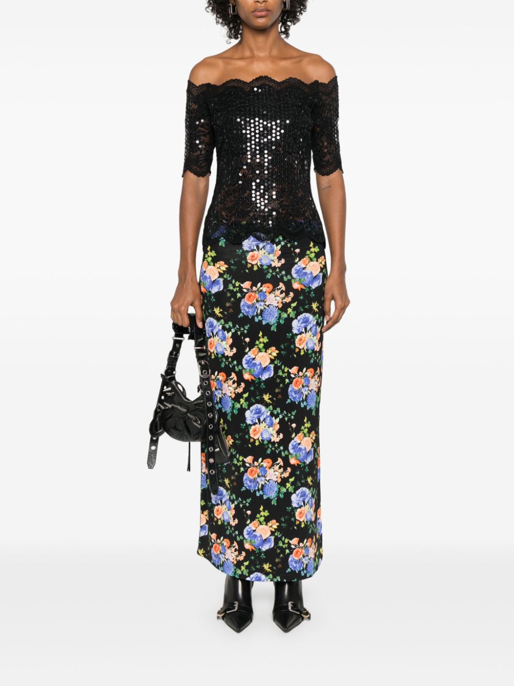 Rabanne floral-print maxi skirt - Zwart