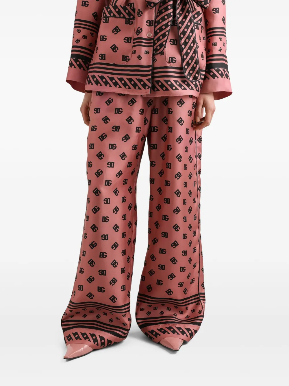 Dolce & Gabbana Silk Satin Jacquard Pajamas With Full Dg Logo In Pink